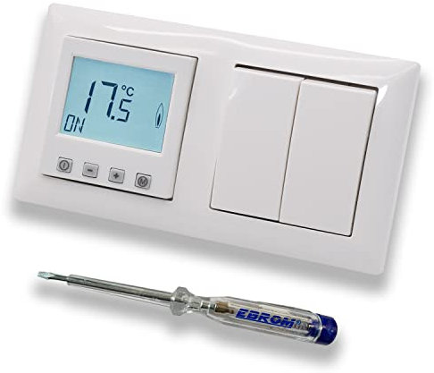 Halmburger Raumthermostat Raumtemperaturregler ERD-55rg DIGITAL in Busch Jäger Balance SI alpinweiß mit Serienschalter 2000/US + EBROM Phasenprüfer zur Montage der Geräte ERD-55 (rg) Fußbodenheizung