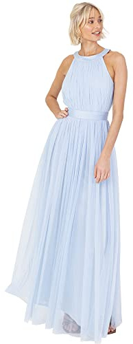 Anaya with Love Ladies Maxi Dress for Women Halter Neck Long Sleeveless with Belt A Line Evening Gown Ball Prom Wedding Guest Bridesmaid, Robe Femme, Light Blue,