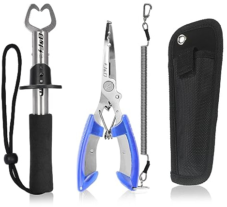 J&D Fishing Pliers and Fish Lip Gripper Set, Multi-Functional Stainless Steel Fishing Plier Gear Hook Remover Tool with Safety Coiled with Sheath and Lanyard for Freshwater Saltwater Fishing