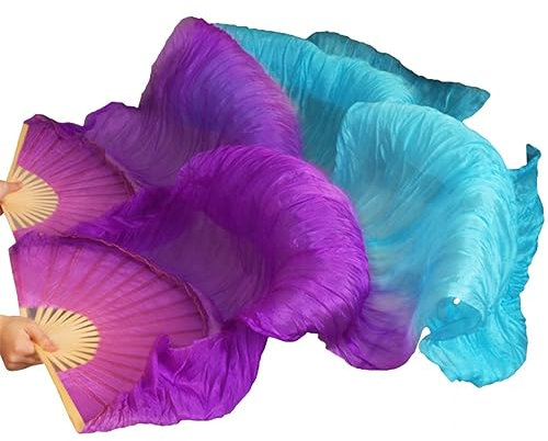 Pulcykp Handgefertigte Frauen Seide Bauchtanz Fan Tanz Seide Schleier 1 Paar Regenbogen Farben Lila Türkis M-150cm-1 Paar (2 Stück)