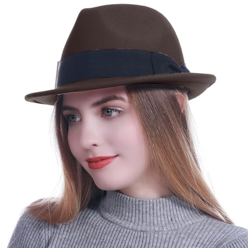 HEYANN Fedora Hut Herren Mode Filz Hüte für Herren Damen 56-58cm Wollfilz Herrenhut Jazz Cap Kurzer Krempe Trilby Hut mit Eleganter Panama Hut Damen Gentlemans (M/L, Braun)