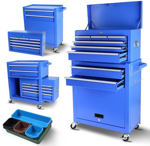 Tzou Rolling Tool Chest, 8 Drawer Rolling Tool Cabinet with Detachable Top Tool Box, Tool Cart On Wheels, Adjustable Shelf, Tool Organizer with Wheels for Garage Workshop