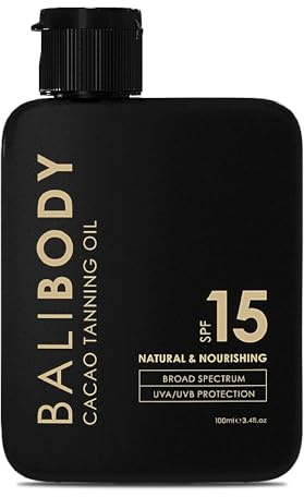 Bali Body Cacao Tanning Oil SPF 15 | For Deep Natural-Looking Sun Tan Glow | Hydrating Sun-Tanning Oil Made from Organic Cacao, Chocolate Tint | Vegan, Cruelty Free, Australian Made (100ml/3.4 fl oz)