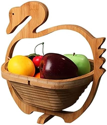 HEHEXIQH 11x 11.8 Inches Collapsible Bamboo Fruit Basket, Foldable Dried Fruit Basket, Wooden Snack Basket, Creative Fruit Bowl Holder for Kitchen Table