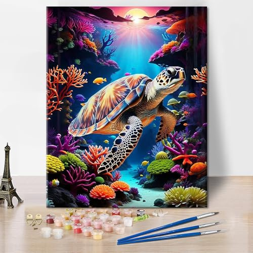 Sea Turtle Paint by Numbers for Adults, Acrylic Painting Art Crafts | Colorful coral painting by number kit, sea animals, pre-numbered canvas, relaxing hobby, unique gift, 16x20 frameless