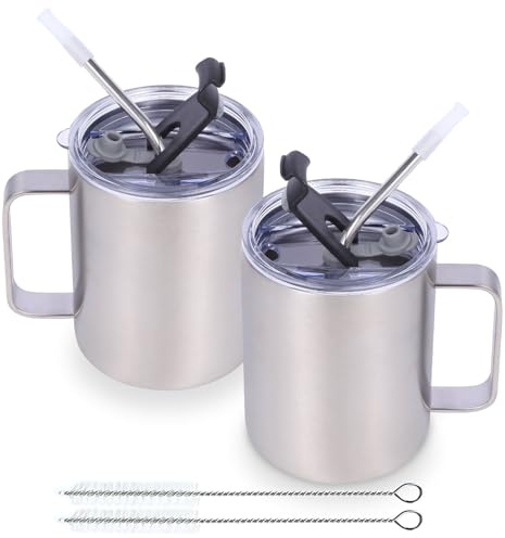 Volhoply Set di 2 tazze da caffè termiche e impermeabili con coperchio a cannuccia e coperchio con cannuccia – Tazza da viaggio a doppia parete in acciaio inossidabile da 355 ml con manico – Tazze da