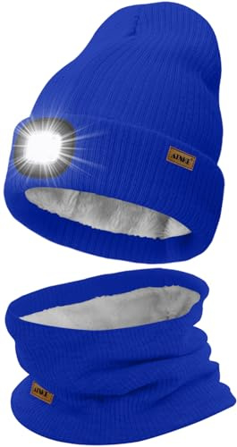 ATNKE LED Mütze mit Licht und Schal Set, Wiederaufladbare USB 4 LED Beleuchtete Laufmütze Winter Warme Gefütterte Fleece Halsschlauch und Stricken Mütze für Herren und Damen Geschenke