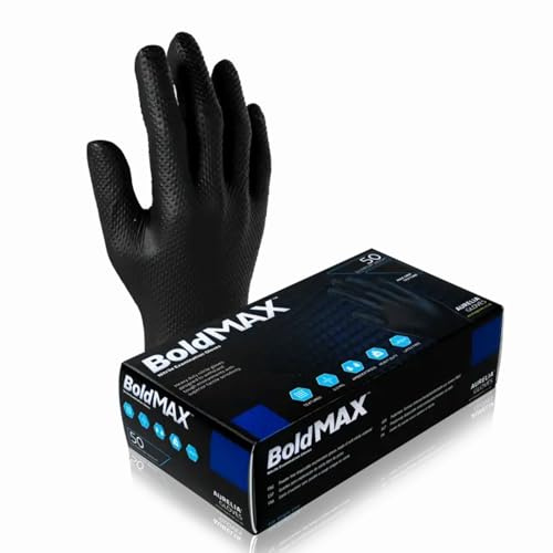 Apex Business Supplies 50 Medium Bold Max Nitrile Glove High-Density Diamond Grip Black Gloves - Heavy duty Latex & Powder Free Black Nitrile Gloves - Mechanic Gloves Extra Thick & Super Strong
