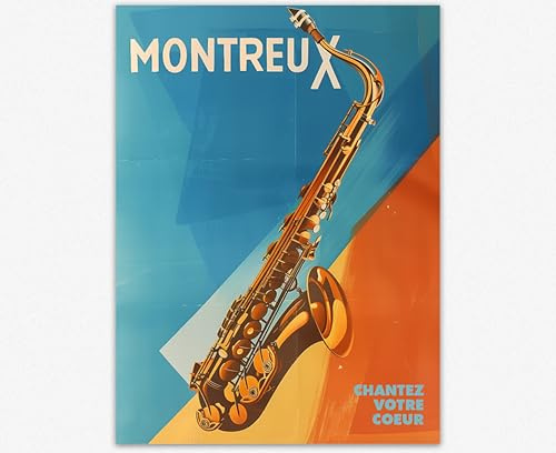 WallBUddy Saxophon-Kunstposter | Montreux Jazz Spirit Wandkunst | Retro-Jazzfestival, Geschenk für Musikliebhaber (61 x 91 cm)