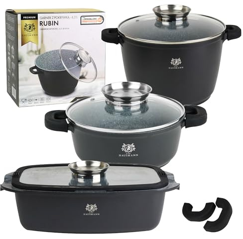KARL HAUSMANN Topfset Induktion Schwarz 3-Teilig - 4.4 + 5.5 + 6.2 L - Kochtopf Set Beschichtet - Aluguss Töpfe mit Deckel - Antihaft Topf Beschichtete Für alle Herdarten - Kochtopfset - Schmortopf