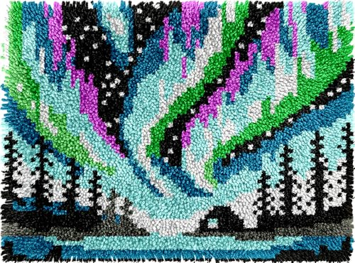 Aurora Borealis Latch Hook Kits for Adults Kids Beginners Northern Light Scenic Latch Hook Rug Kit Pre-Printed Hook and Latch Carpet Making Kits DIY Wall Hanging Crochet Set 20x15 in.