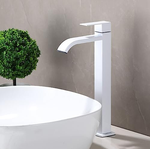 Waschtischmischer Wasserhahn Bad Mischbatterie Waschtisch Mischbatterie für Arbeitsplatte Einhebel Wasserhahn mit Wasserfall Kaltwasserhahn Edelstahl hohe Waschtischarmaturen Weiß