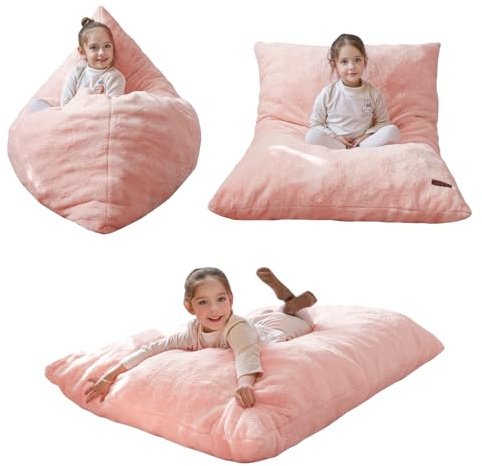 MAXYOYO 3 in 1 Kids Bean Bag Chair Bed, Child Floor Sofa for Gaming, Reading, Faux Fur Floor Mattress with High-Density Foam Filling for Living Room Bedroom