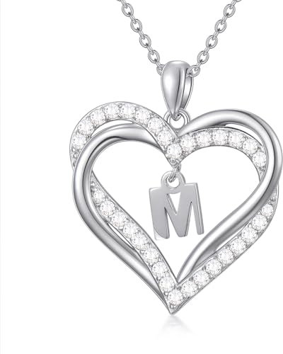 TOUPOP Buchstaben Kette Doppel Herz Halskette Damen 925 Sterling Silber A-Z Initialen Anhänger Schmuck Geschenke für Frauen Sie Freundin Mama Schwester zum Geburtstag Valentinstag Weihnachten (M)
