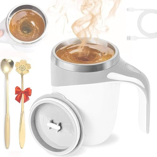 Ranley Automatic Stirrer Coffee Cup, Stainless Steel Stirring Coffee Cup, Electric Magnetic Stirring Coffee Mug, 2 Stir Spoons Waterproof Coffee Stirrer Mug, Hot Drink Automatic Mixer
