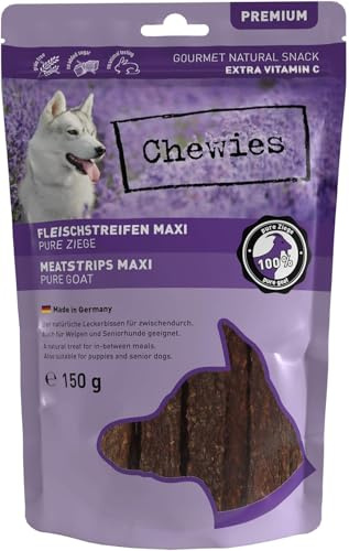 Chewies Fleischstreifen Maxi aus 100% Ziege - 150 g - Fleischstreifen für Hunde - getrocknete Ziegenfleisch Kaustreifen - hypoallergen & getreidefrei - Dörrfleisch von der Ziege (Packung mit 5)