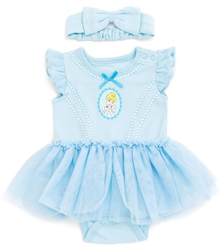 Disney Princess Cosplay Bodysuit with Overlapping Skirt and Headband for Babies and Girls, Sizes 0-24 Months, Pastel Blue, Cinderella, 6-9 Months
