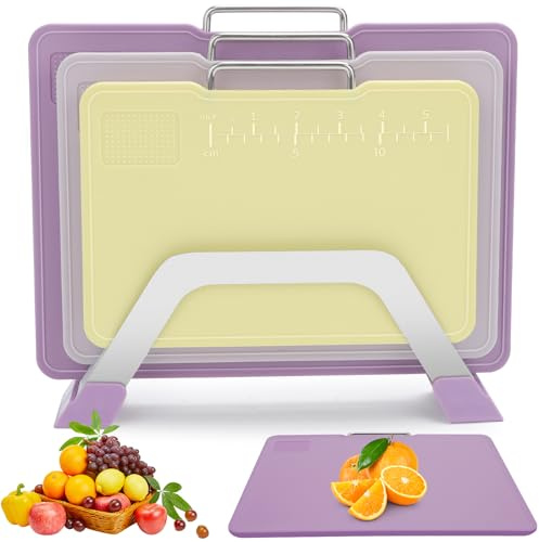 Tagliere da Cucina Plastica 8mm GIOVARA Set Di 3 Set Taglieri Cucina con Supporto, Set di Taglieri Colorati da Cucina, per tagliare e affettare verdure, frutta,Lavabile in Lavastoviglie (Viola)
