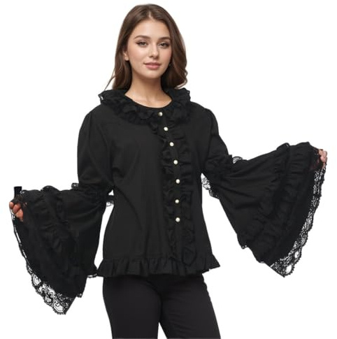 UniqKaliber dam Lolita-blus långärmad spets volanger skjorta viktoriansk vintage blus chiffong krusig chiffong magtröja