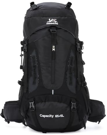 Freiesoldaten 70L Wasserdichter Wanderrucksack mit Regenschutz, großer Outdoor-Reiserucksack, Tagesrucksack für Camping, Wandern, Klettern, Schwarz , L