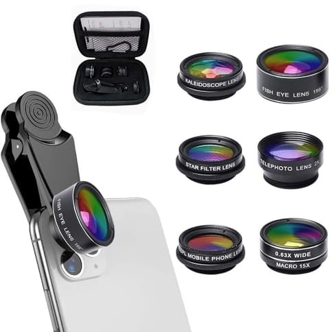 XFSRG 7 en 1 Teleobjetivo Movil Universal Ojo de Pez 198° Gran Angular Macro Retrato Caleidoscopio Filtro CPL Star para la Mayoría de Smartphone