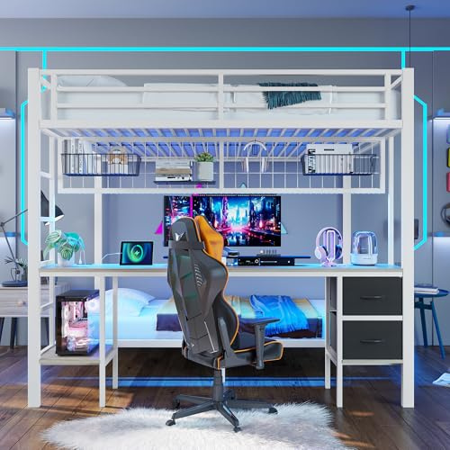 Oxtao Etagenbett 90x200+140x200 cm, Hochbett mit Schreibtisch, Ablagen&Schubladen, Mit 7-Farbiger LED-Leiste, USB-Anschluss, Kinderbett aus Eisenrahmen, ohne Matratze (Weiß)