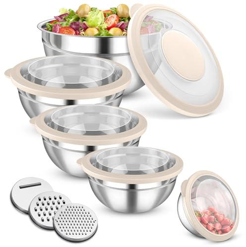 Onader Rührschüssel 5er Set, Edelstahl Salatschüssel mit Deckel & 3 Reibeaufsätzen, Metall Servierschüssel für die Küche Mischen, Backen, 4,5L/3L/1,5L/1,2L/0,7L, Spülmaschinenfest, Khaki