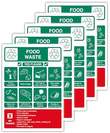 5-Pack Food Waste Stickers (148x210mm) – Polypropylene Glossy-Laminated Self-Adhesive Recycling Bin Stickers for Food Waste Only – Waterproof Labels for Kitchens and Restaurants