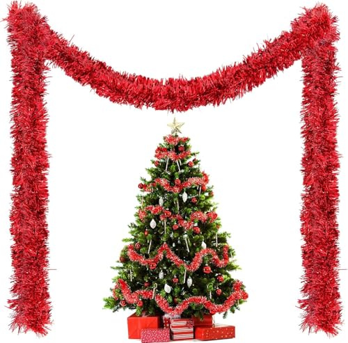 10 Stück x 2M Weihnachten Lametta Girlande, Lametta Girlande Weihnachtsgirlande, Glitzernd Gir-lande Weihnachten Innen-Und Außen für Weihnachtsbaum Weihnachtsfeier, Lametta Weihnachtsdekoration Rot