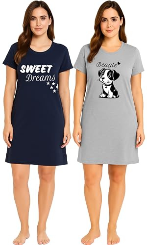 iceBoo Womens (Pack of 2) Cotton Nightshirts Marl Grey Puppy Motif and Navy Sweet Dreams Design Short Sleeve Nightdresses Sleepwear, XJ42 - Size (16/18)