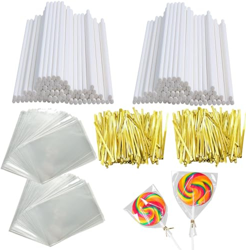 600 Stück Cake Pop Stiele Set Mit 200 Süßigkeiten Tüten & 200 Cake Pop Ständer Ideal Geeignet Für Süßigkeiten Gebäck Kuchen 200 Twist Ties Zur Befestigung 10 cm X 3.5 mm