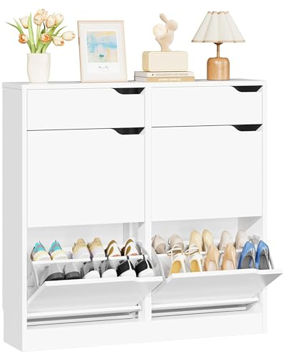 IRONCK Schuhschrank mit 4 Klappen, Schuhkipper Schmal mit 2 Schubladen, freistehendes Schuhregal, Schuhkommode mit verstellbaren Trennwände, Schuhablage Schrank für Flur Eingang und Wohnzimmer (Weiß)