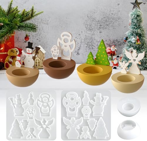 Silikonformen Gießformen Kerzenhalter, Silikonform Weihnachten Gießformen Einschieber, DIY Kerzenhalter Gießform mit Engel Tannenbaum Schneemann, Gipsformen zum Gießen für Stabkerzen