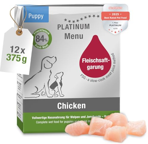 PLATINUM - Hundenahrung Menu Puppy Chicken aus Fleischsaftgarung - 12 x 375 g Hundenassfutter nährstoffreich wie Barf - besonders saftig für Welpen und Junghunde - BPA-frei, in DE geprüft