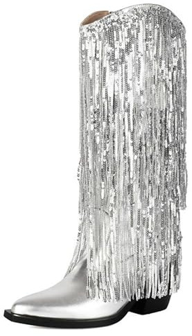 Hykytyhk Dam Frans Western Boots Cowboy Cowgirl Bred vadridning stövel fest dansskor, SILVER, 42 EU
