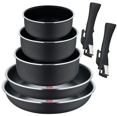 Set de 2 Sartenes Heat Dot Ø24Ø28cm con Mango extraíble + 3 Cazos Ø16Ø18Ø20cm con Mango extraible - Aluminio prensado color Negro Click&Cook Bergner