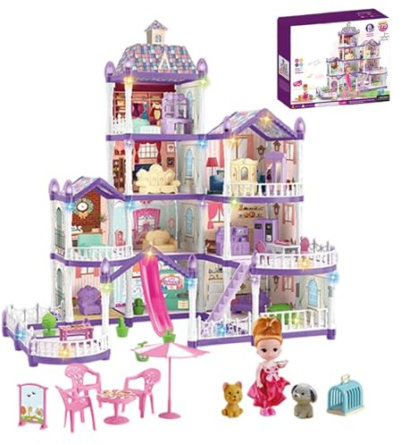 Puppenhäuser,4-stöckige 13-Zimmer Miniatur Villa Bausatz - Villa Spielset mit 3 Prinzessinnen & 2 Welpen und Möbelzubehör | Für Mädchen Alter 4-6 Jahre Indoor Rollenspiel