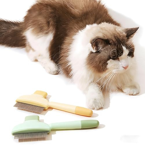 katzenbürsteFellblitz Bürste Katze, 2 Stück Selbstreinigende Katzenbürste mit Auslöseknopf und Flohkamm für Katzen und Hunde, Feinzahniger Kamm zum Entwirrenhundekamm