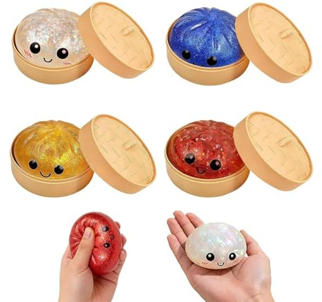 4 Stück Dumpling Squishy , mit Steamer Box, Weiche Glitter Mystery Dumpling Squishies, Langsam Aufgehendes Squeeze Toy, Anti Stress Quetschball Geschenk für Kinder und Erwachsene