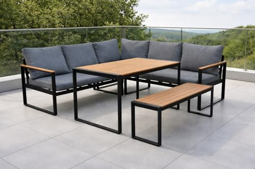 Gardissimo Tony Dining Lounge Sitzgruppe, Anthrazit, 8 Personen | Ecksofa, Esstisch, Gartenbank und Kissen, Wetterfest, Bezüge Waschbar, Aluminium - Nonwood