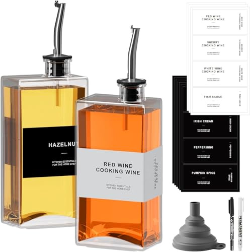 KDIUD Ölflasche Eckig Set,Essig und Ölflaschen Set,2er Olivenöl Flasche 500ml/16,9 oz, Ölspender mit Ausgießer,Kaffee Sirup Spender Glas Set mit Aufkleber