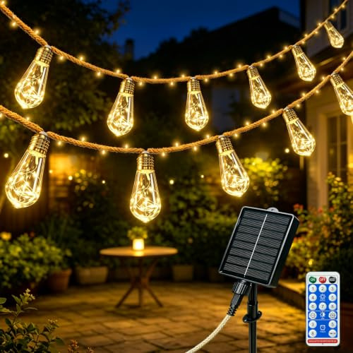 FIFlying Solar Lichterkette aussen 10M Lichterkette Außen mit 15 Glühbirnen | Wetterfest Warmweiß Neu Aktualisiert Vintage Solar Lichterkette mit Hanfseil Outdoor Deko für Garten Party Balkon Hochzeit