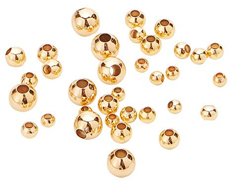 BENECREAT 200Pcs 18 Karat vergoldete Messingperlen Runde Abstandsperlen mit 4 gemischten Größen (0.5-1.5mm Loch) für Halsketten, Armbänder und Schmuckherstellung