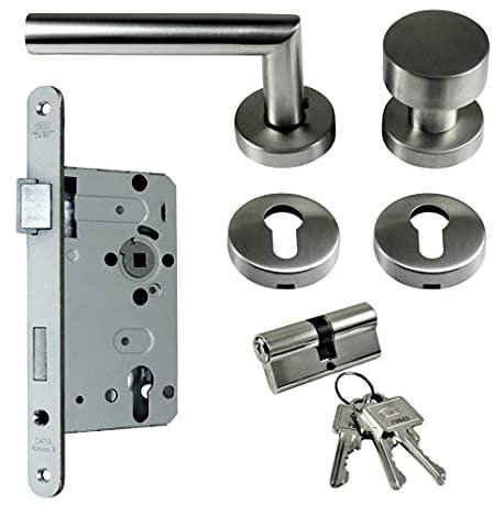 SN-TEC Zimmertür/Wohnungstür Komplett Set, Edelstahl Rosetten Beschlag L-Form (einseitig Knauf) + PZ Schloss (DIN Links) + Profilzylinder