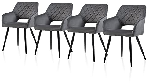 TUKAILAI Esszimmerstühle 4er Set aus Samt, Küchenstuhl Polsterstuhl mit Offener Rückenlehne,Armlehnen,Gepolstertem Sitz, Metallbeinen, Stühle für Wohnzimmer,Esszimmer,Küche (4, Grau)
