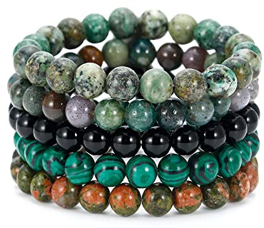 BOMAIL 5PCS Semi-Precious Gemstone Bracelet - Healing Crystal Stone Beaded Bracelets for Women Men 8mm Round Beaded Stretch Bracelets Unisex Yoga Bracelets