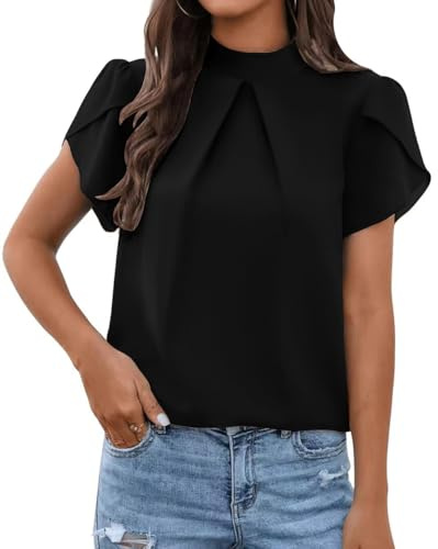 Arevill Camicia da donna a maniche corte, estiva, colletto alto, in chiffon, casual, plissettata, elegante, con volant, camicia da donna, tinta unita, Nero , M