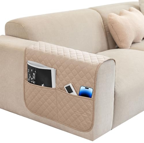 NiCola Sofa Arm Rest Cover 1pc Armchair Arm Covers with Pockets, Anti-Slip Armrest Chair Covers, Washable Polyester Spandex Recliner Chair Armrest Covers for Sofa Couch, Armchair (Khaki)