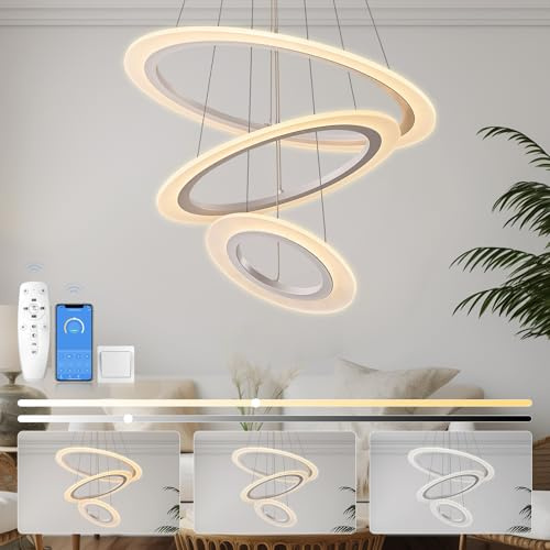 KSIBNW LED Hängelampe Esstisch 3 Ringe Pendelleuchte Dimmbar, Moderne Pendelleuchten Wohnzimmer mit Fernbedienung & APP Höhenverstellbar Acryl Aluminium Pendellampe Schlafzimmer 2700K-6500K, Weiß
