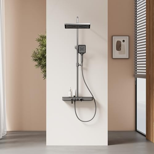 EMKE Thermostatische Duschsäule, Regendusche und Handbrause, höhenverstellbar 816-1146 mm, Anthrazit matt, Duschset mit Glasablage, 1146 x 450 x 480 mm